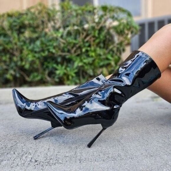 Shoes - Women Mid Calf Square Toe Heel Boot Black Color